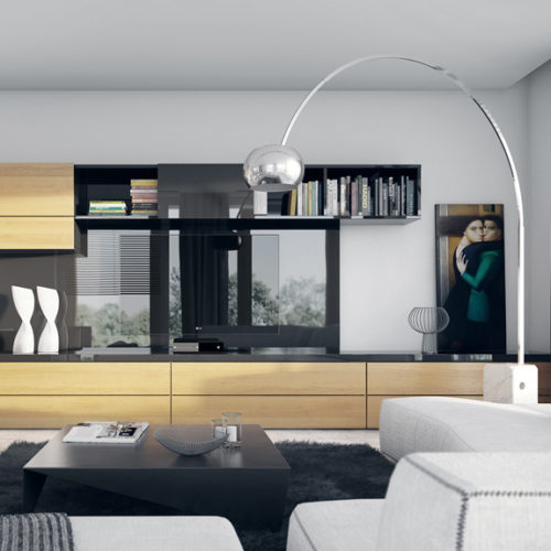 Living room interior with light wood tv set and grey fabric furniture and floor lamp