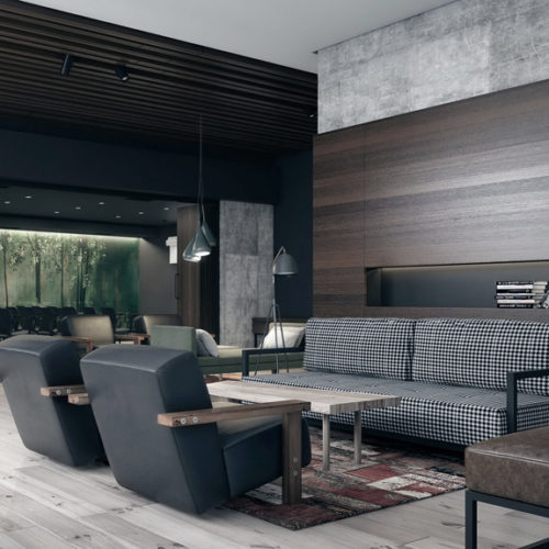 Cozy and domestic lounge and conference hall area with dark wall paint and natural wood