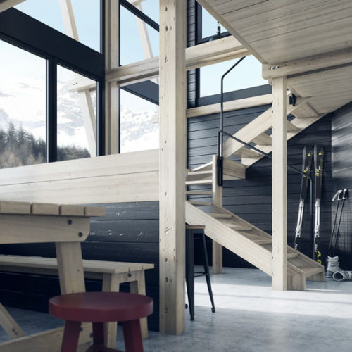 Mountain bar interior with wooden stairs and light and dark natural wood