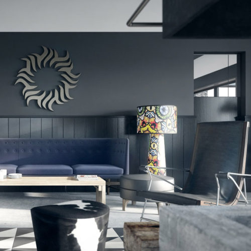 Purple sofa with colored floor lamp and swing chair in front of dark grey wall