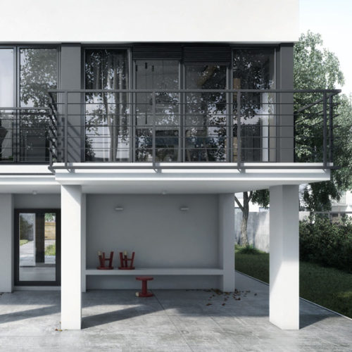 Modern house balcony with dark grey metal fence