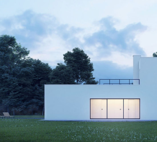 Dusk view of a modern minimal design white house in nature