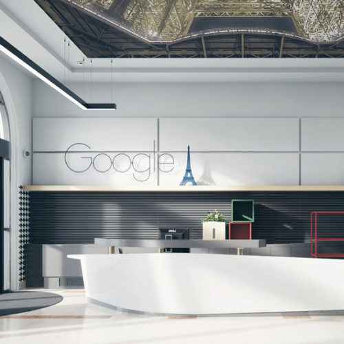 White rounded style reception desk with colored boxes and wooden shelf and company logo