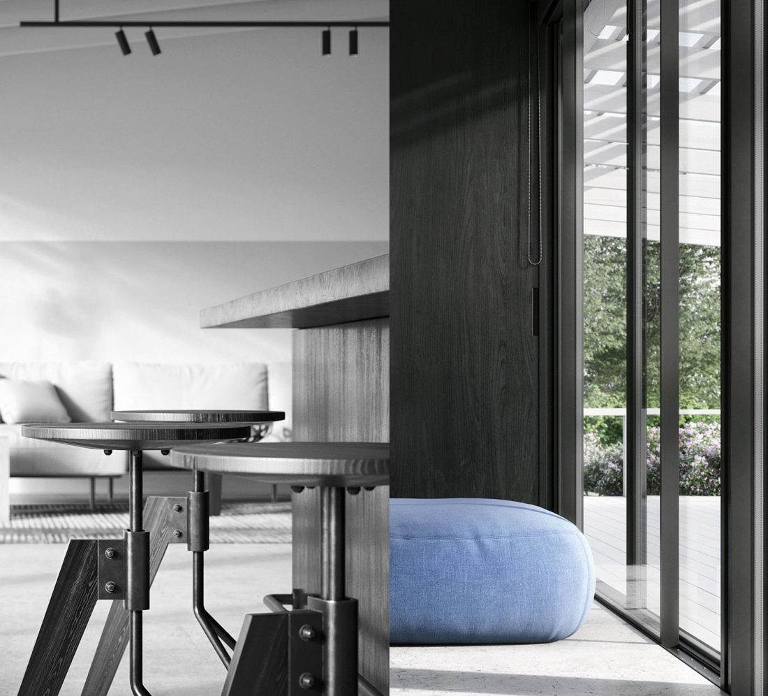 black bar stools and blue pouf