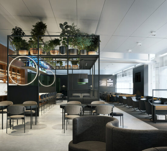 airport lounge dining area with bar and flower pots