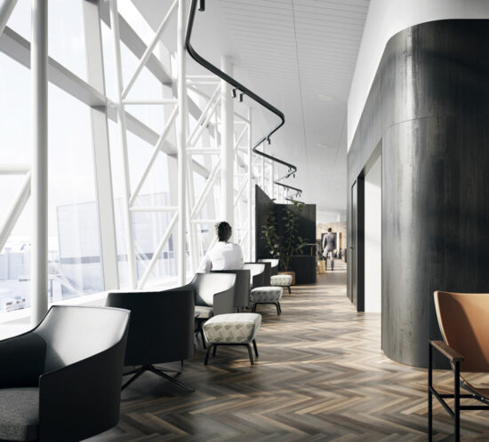 airport lounge sunny corridor with herringbone parquet floor and black wood wall covering