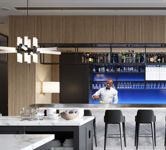 airport lounge bar counter with wood framing and blue back screen