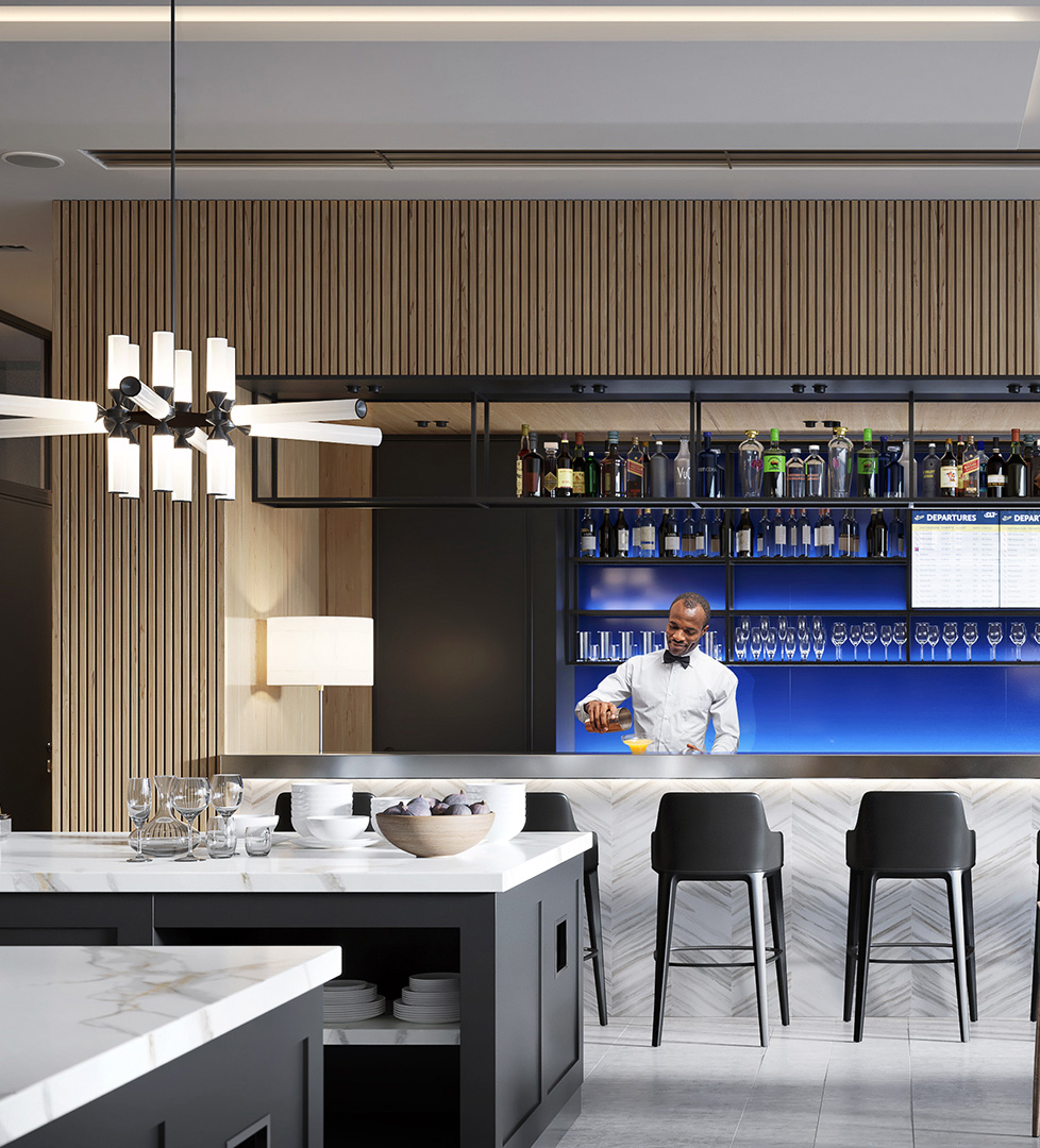 airport lounge bar counter with wood framing and blue back screen