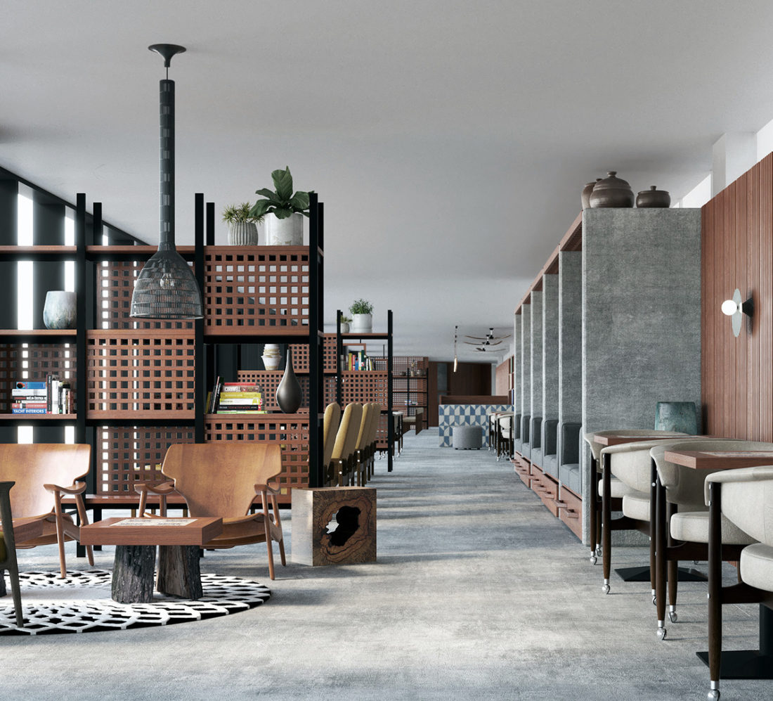 airport lounge corridor area with concrete flooring and red wood walls and furniture