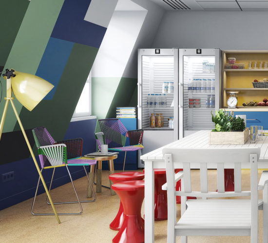 office kitchen in colorblock design