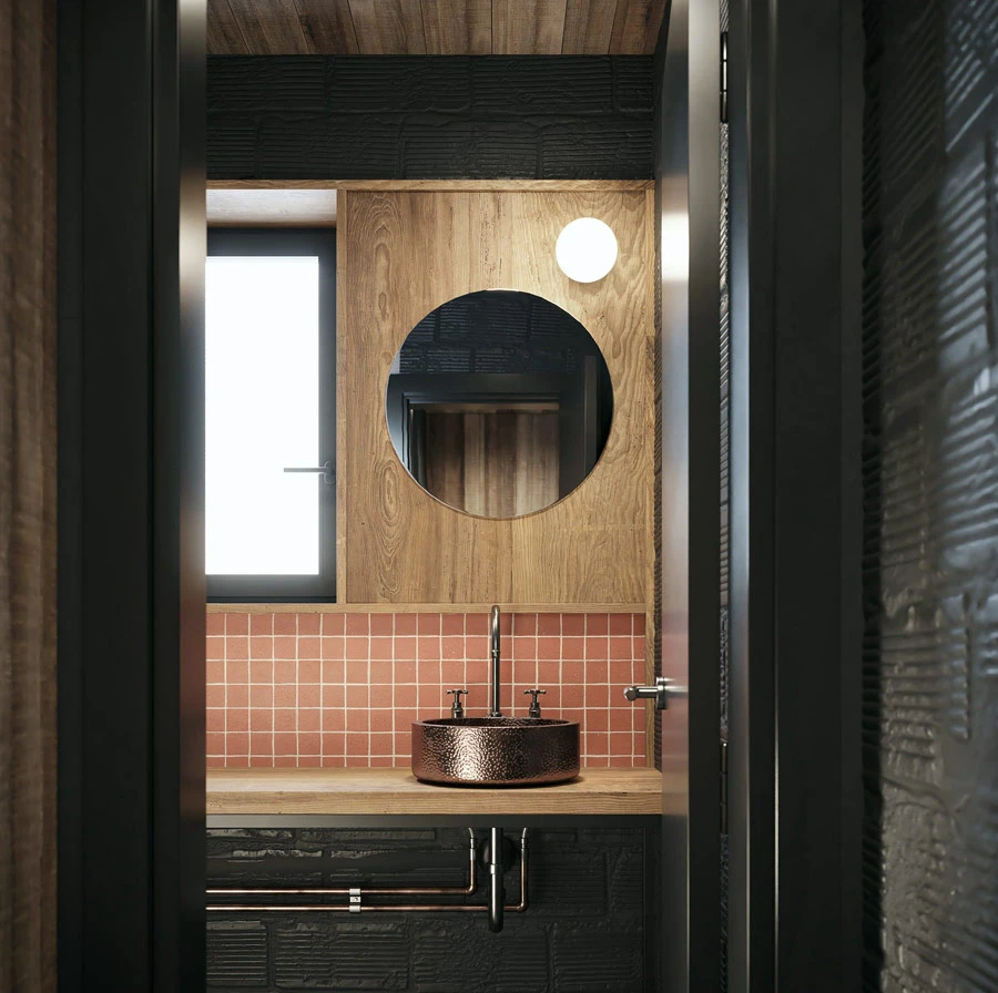 distillery toilet area with copper sink and clay tiles