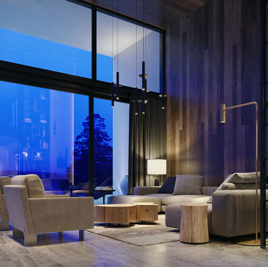 modern villa interior living room with cozy corner sofa and wood wall covering
