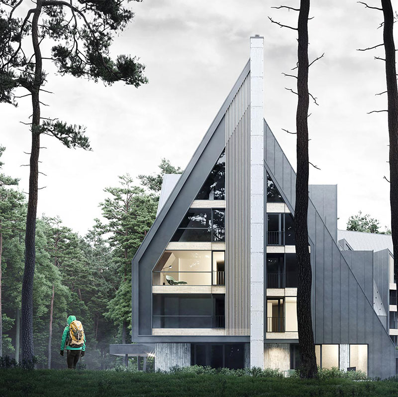 mountain hotel with wood cladding and sheet metal facade