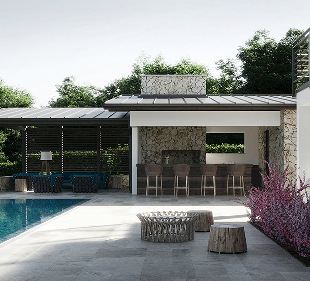 summer house and swimming pool area with open bar and stone walls