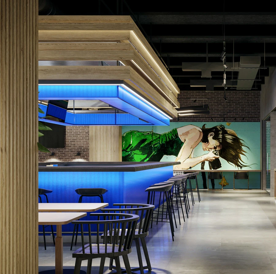 airport lounge interior with blue bar and coloful wallpaper in the background