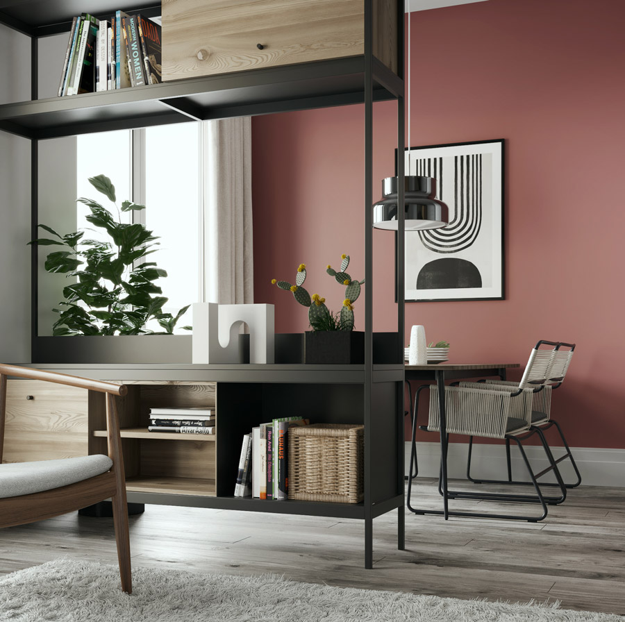dining area with metal shelf and red colored wall