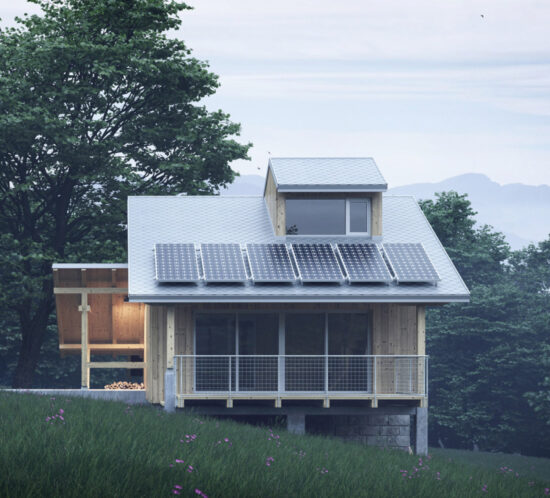 mountain lodge wood facade with balcony and solar panels