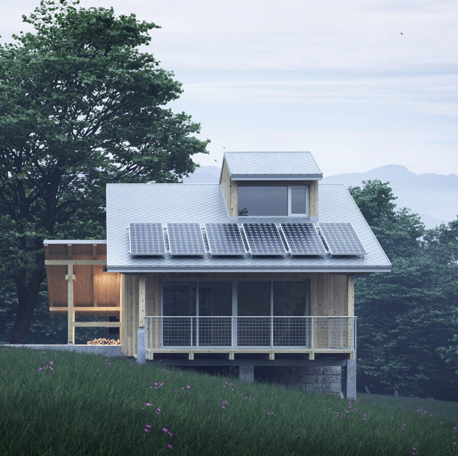 mountain lodge wood facade with balcony and solar panels