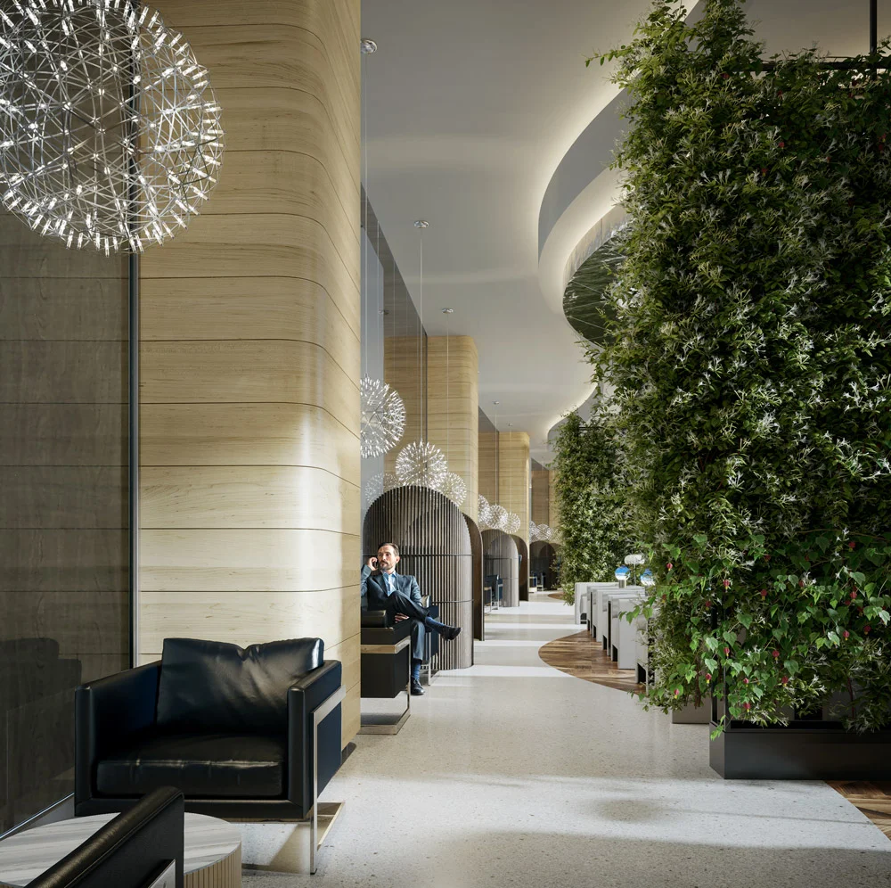 vip lounge interior with curved wood coverings and vegetation wall
