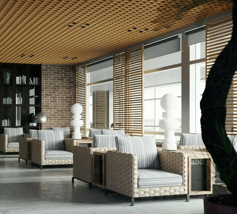 airport lounge interior with cozy furniture and sculptural table lights