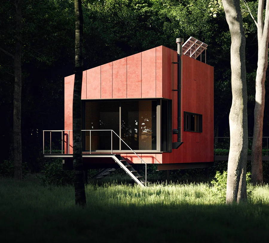 Red bungalow in a forest environment on a sunny day