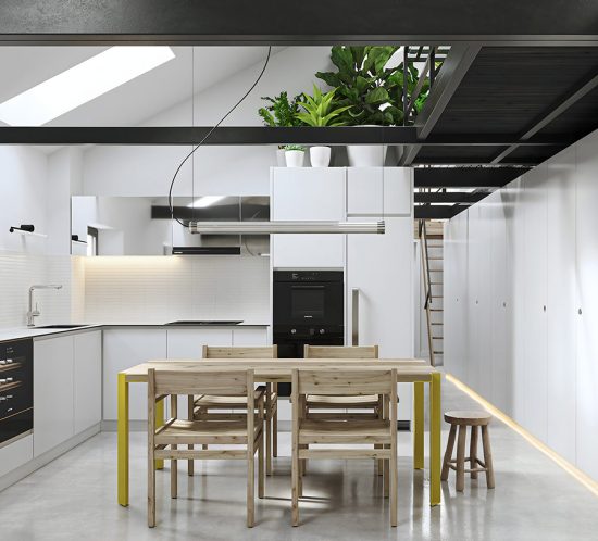 Modern attic loft kitchen and dining area with wood furniture and greenery