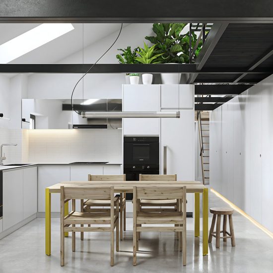 Modern attic loft kitchen and dining area with wood furniture and greenery