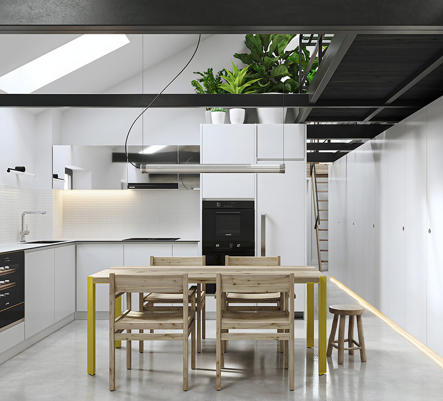 Modern attic loft kitchen and dining area with wood furniture and greenery